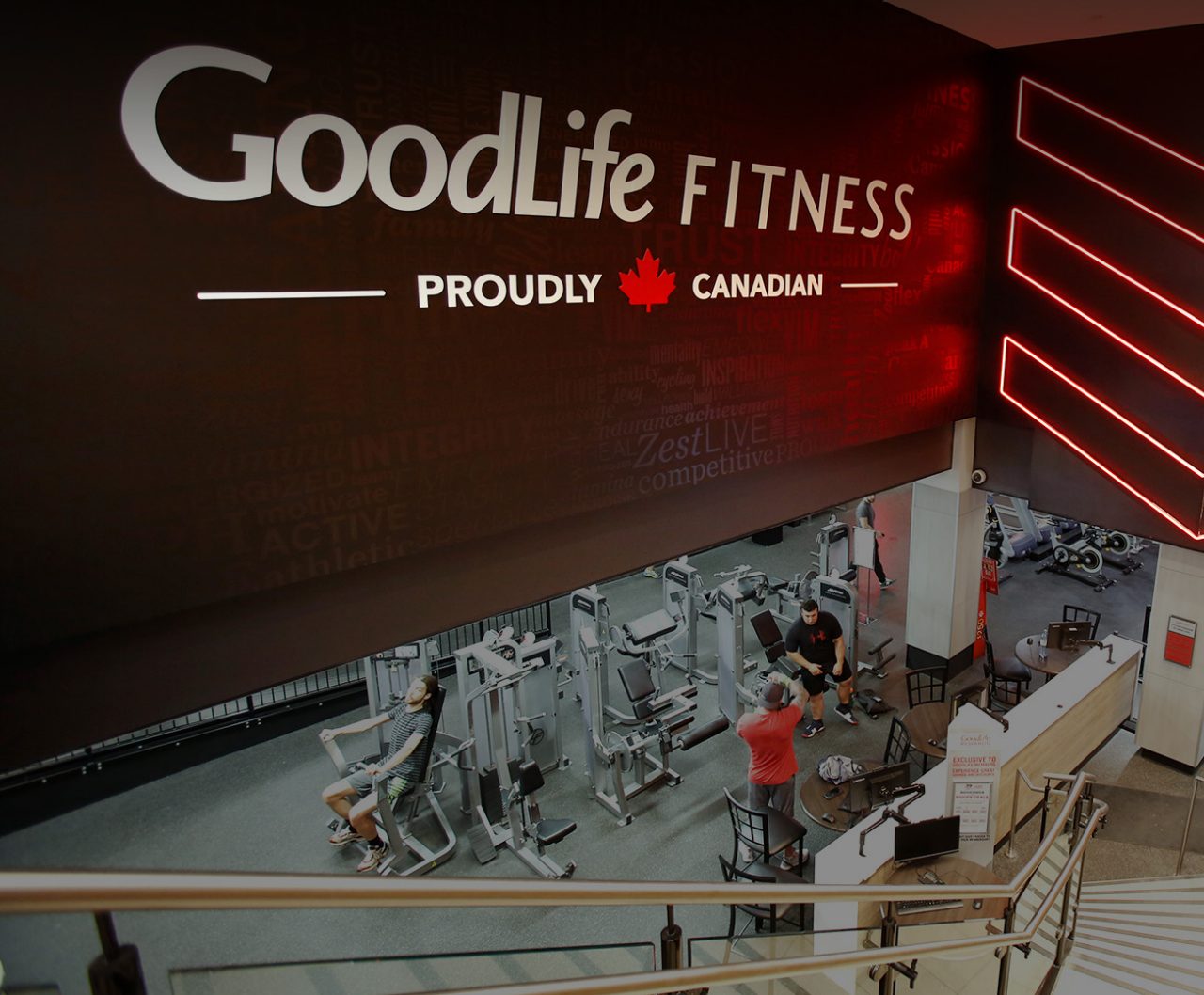 Aerial shot of a GoodLife club interior area with machine and three men working out